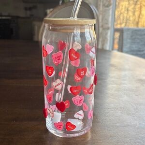 Valentines Day Conversation Hearts Glass Tumbler with Straw New